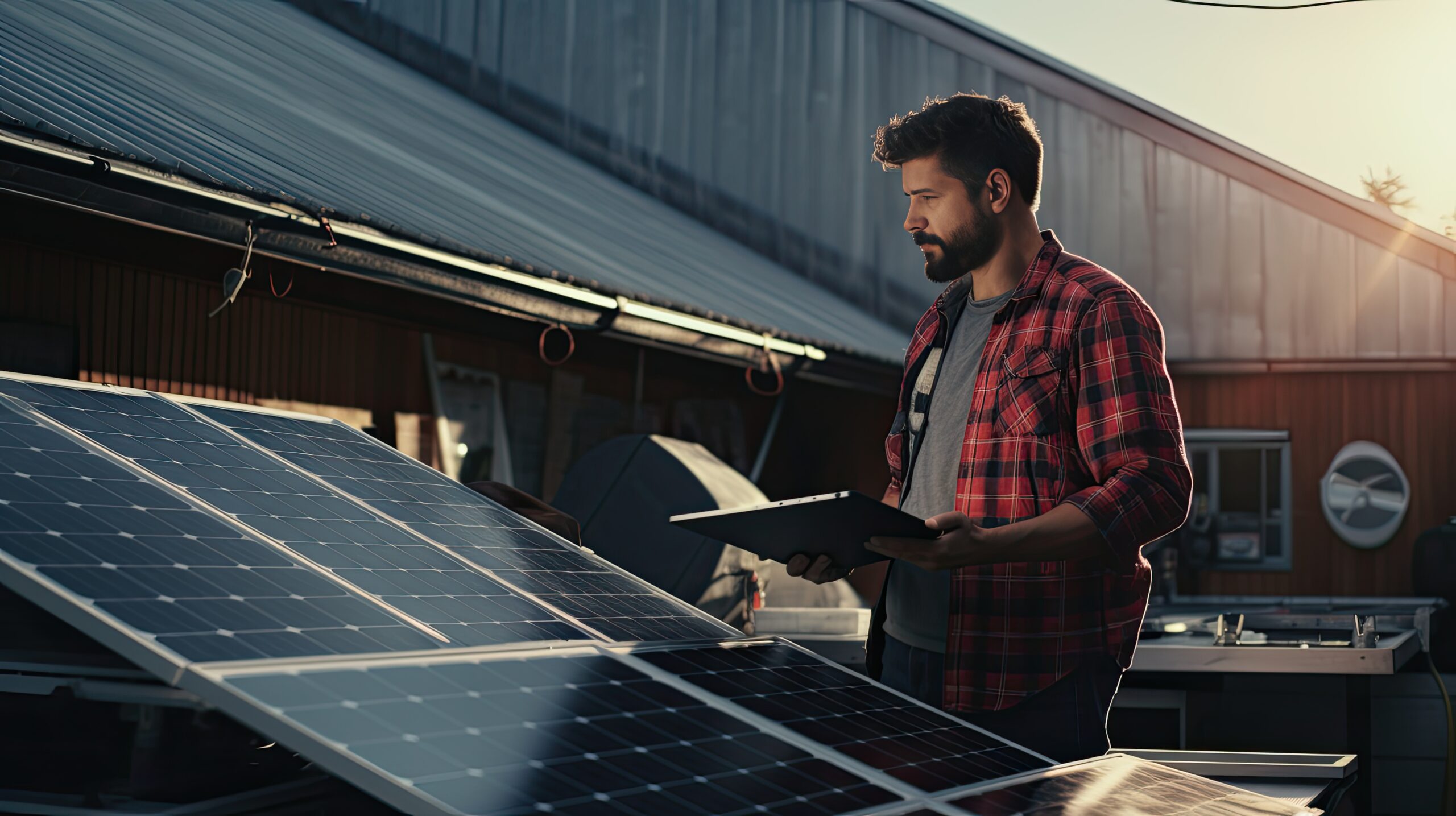 Technician monitoring solar energy output on digital devices, emphasizing the digital management of renewable sources