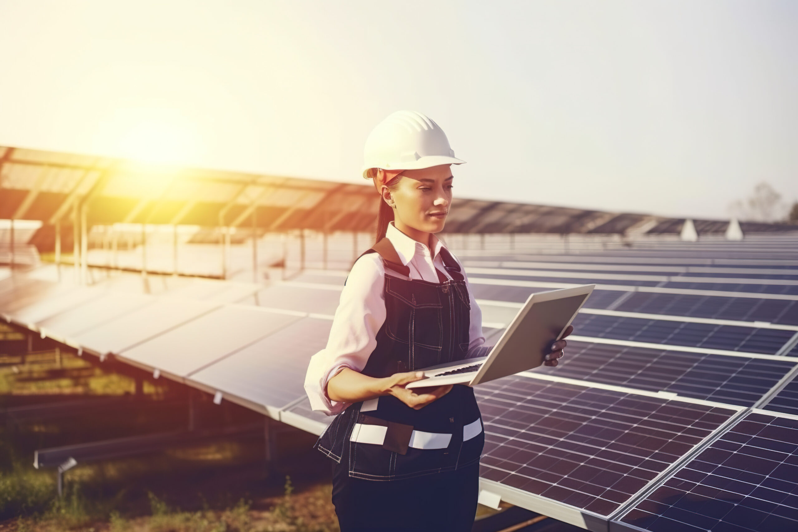 Female engineer uses tablet to track the performance of the solar panels power plant on a sunset. Clean, renewable energy concept. Generative AI