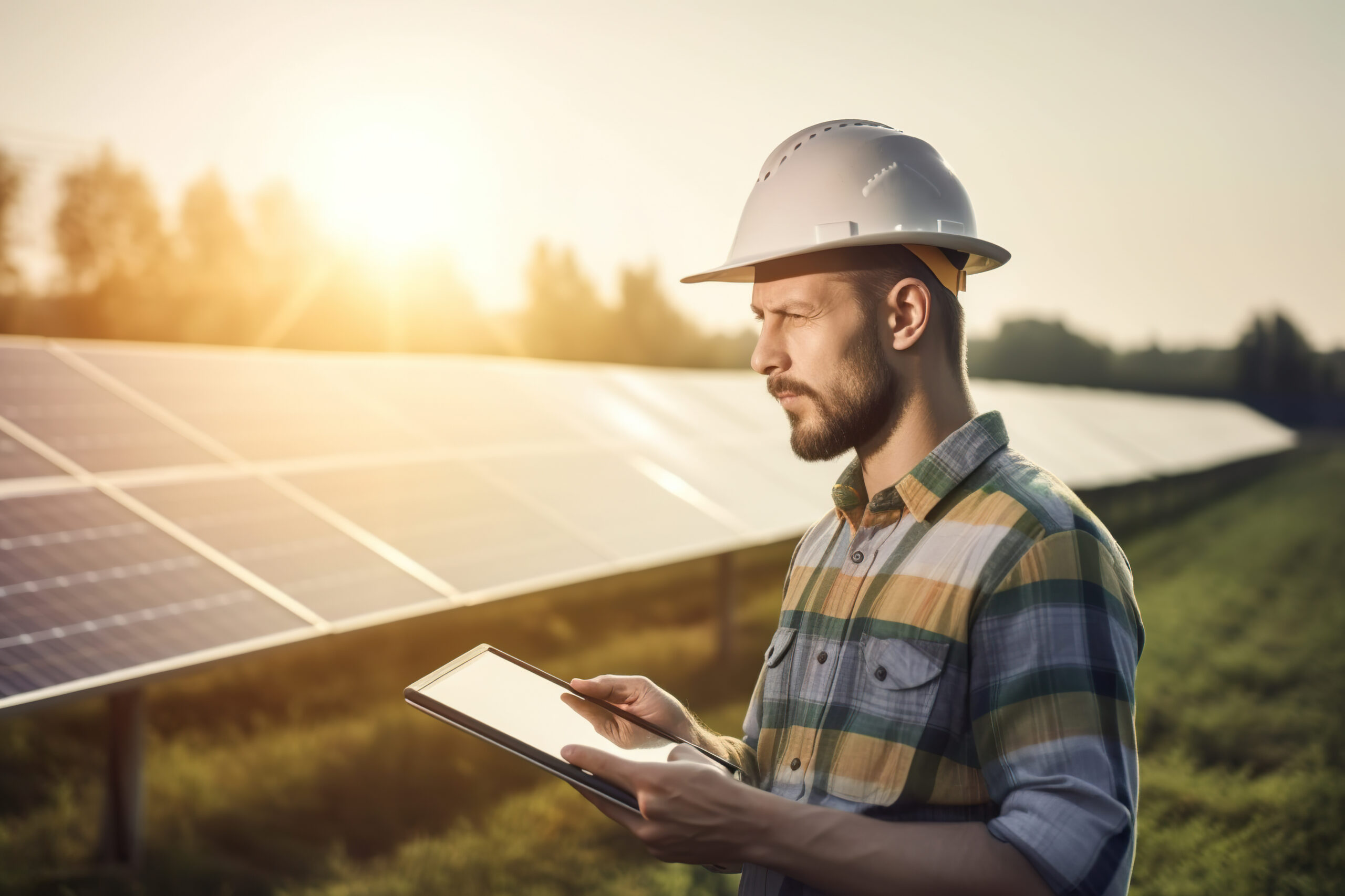 Engineer uses tablet to track the performance of the solar panels power plant on a sunset. Clean, renewable energy concept. Generative AI